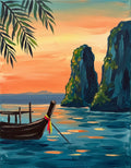 Thailand-inspired sunset acrylic painting of a traditional long-tail boat beside towering limestone cliffs and tropical foliage over turquoise sea