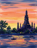 Thailand-inspired riverside temple silhouette at orange and pink sunset with traditional boats reflected in the water