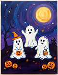 Three cheerful Halloween ghosts beneath a golden moon