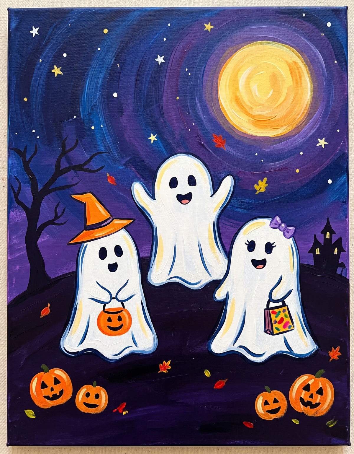 Three cheerful Halloween ghosts beneath a golden moon