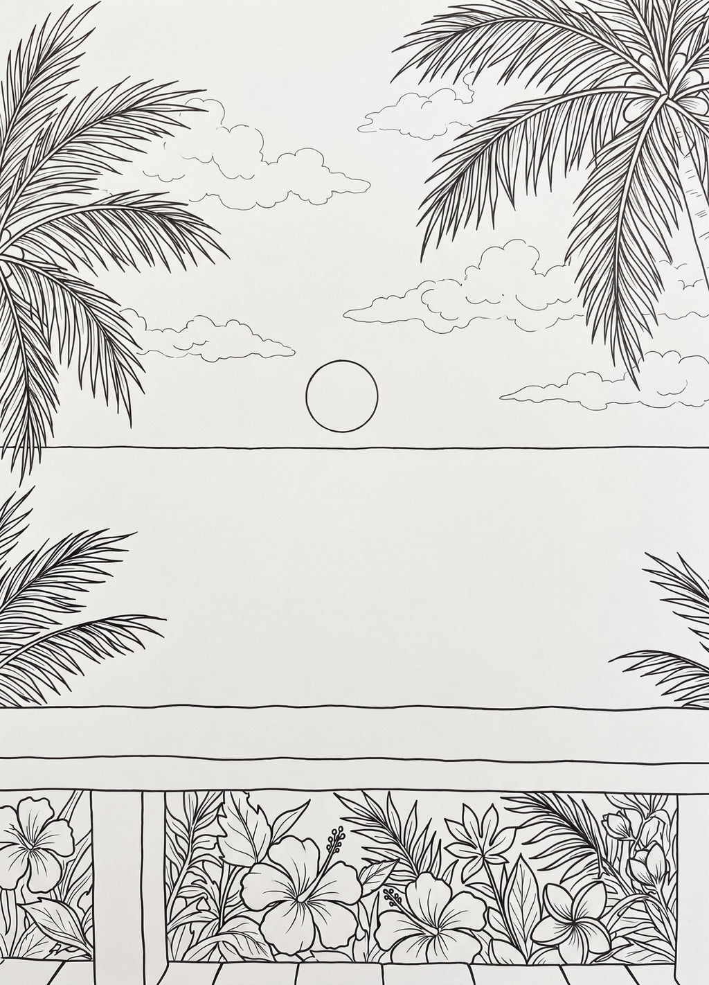 Tropical Balcony Sunset pre-traced canvas line drawing