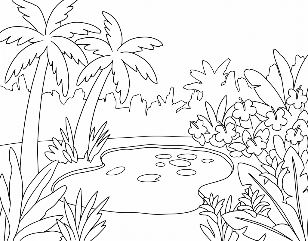 Tropical Lagoon pre-traced canvas line drawing