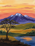Uganda-inspired landscape painting with snow-capped mountains, an acacia-style tree, rolling green savanna hills and lake at golden sunset