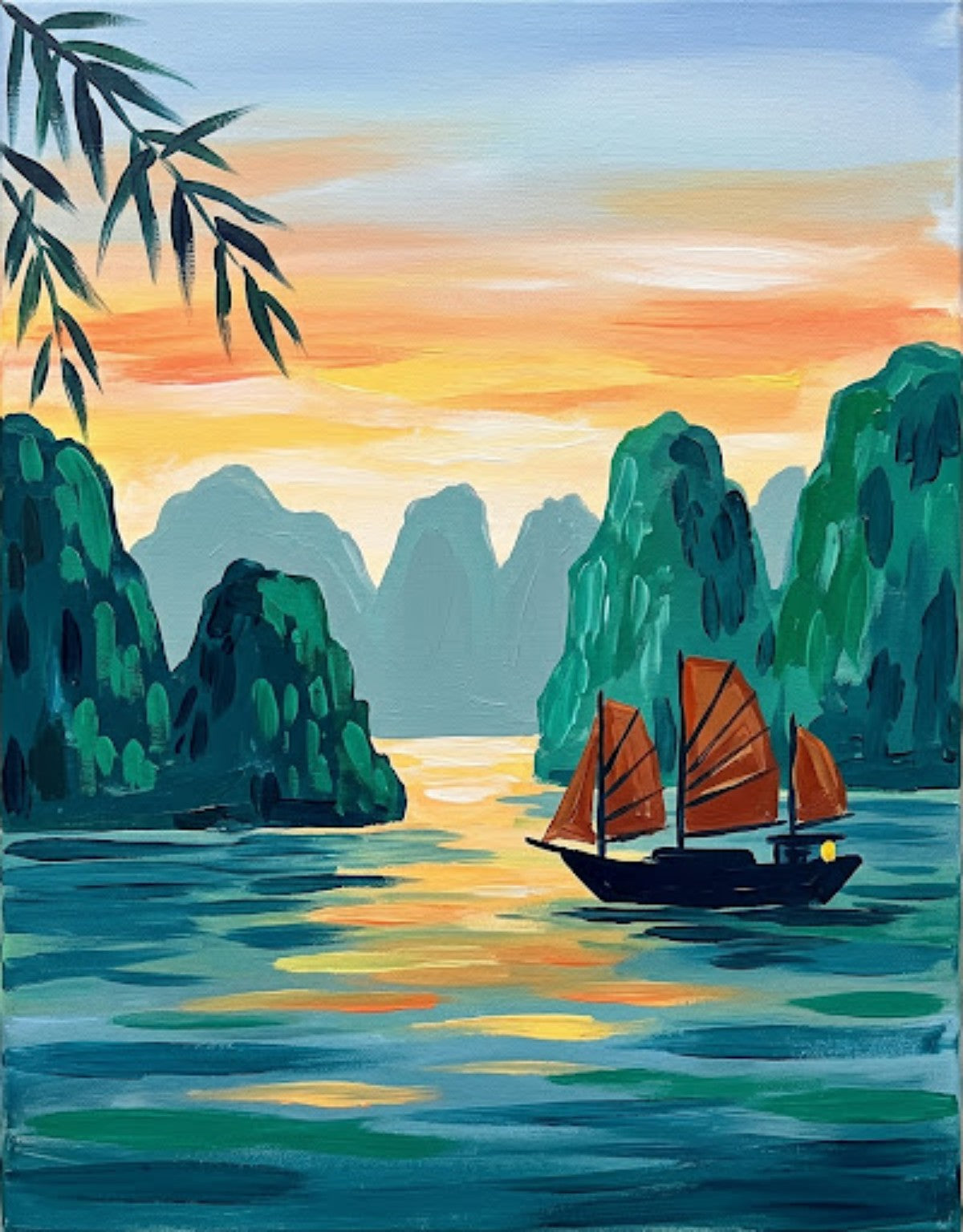 Vietnam Ha Long Bay-inspired painting of a traditional junk boat with orange sails among limestone islands at a golden tropical sunset