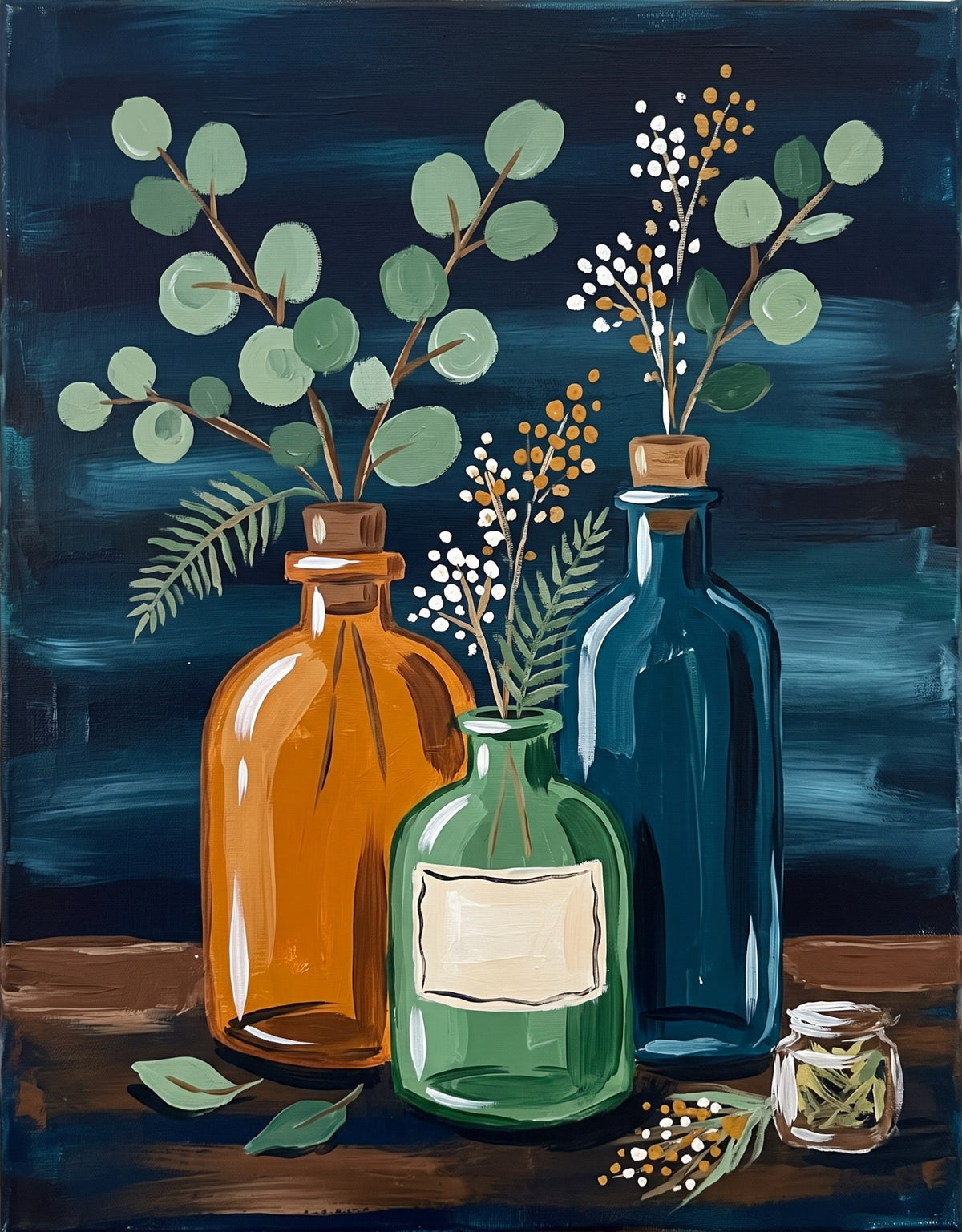Vintage Botanical Bottles acrylic painting design on canvas for DIY paint kit
