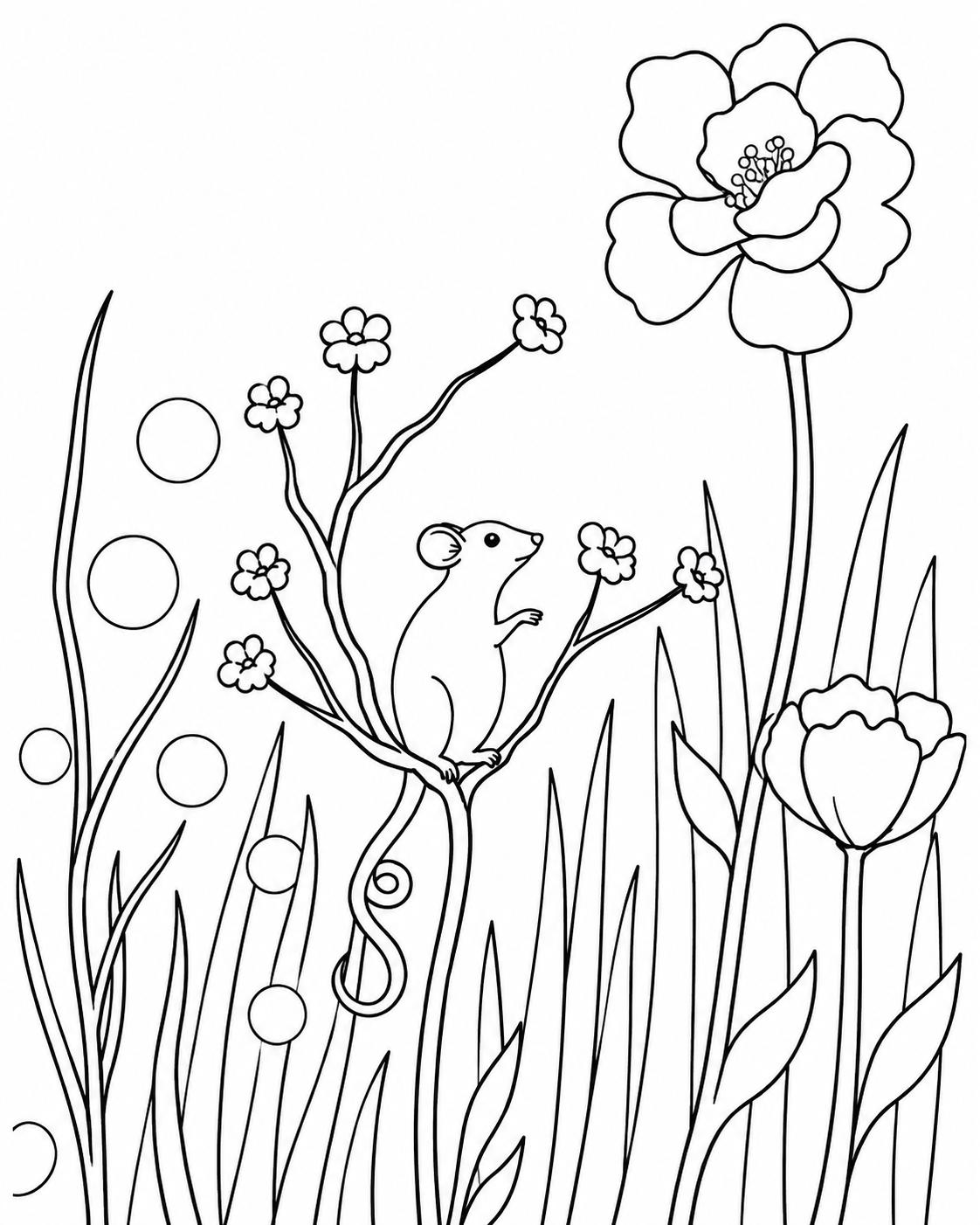 Whimsical Garden Mouse pre-traced canvas line drawing