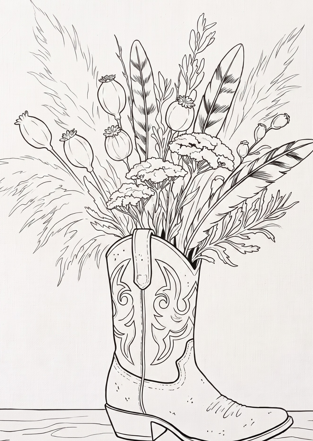 Wildflower Cowboy Boot pre-traced canvas line drawing