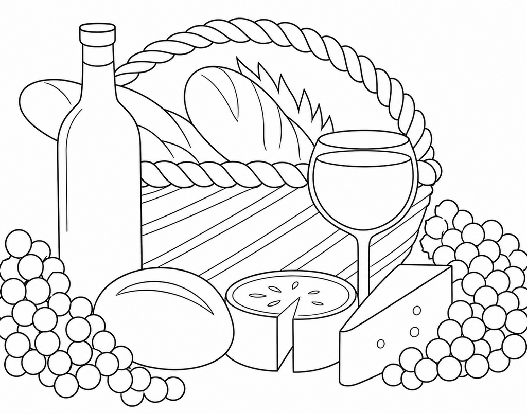 Wine, Bread & Cheese pre-traced canvas line drawing